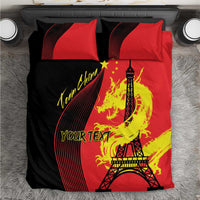 Red/black bedding set with dragon and Eiffel Tower graphic, 'YOUR TEXT' on comforter