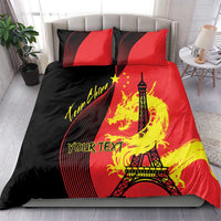 Red and black duvet with dragon, Eiffel Tower, and 'YOUR TEXT' plus matching red pillows