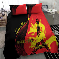 Black and red duvet with dragon, Eiffel Tower, and 'YOUR TEXT' with two matching pillows