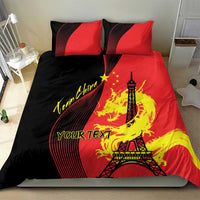 Red and black bedding set: dragon and Eiffel Tower artwork with 'YOUR TEXT' on duvet