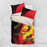 Red and black duvet with dragon, Eiffel Tower, and 'YOUR TEXT' with two red-and-black pillows