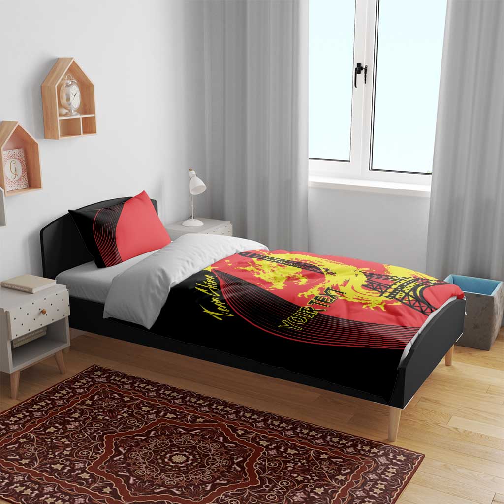 Red and black bedding set with dragon, Eiffel Tower graphic, and 'YOUR TEXT' on duvet