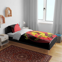 Red and black bedding set with dragon, Eiffel Tower graphic, and 'YOUR TEXT' on duvet