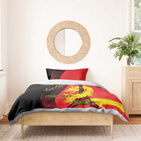 Red/black duvet with dragon and Eiffel Tower graphic, 'YOUR TEXT', paired with red pillows