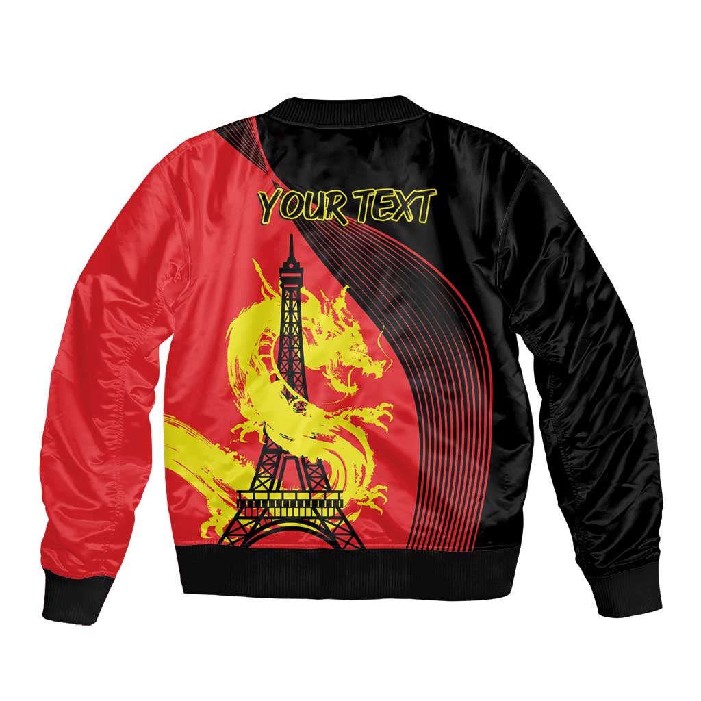Red and black satin summer bomber jacket with dragon and Eiffel Tower graphic, ribbed trim