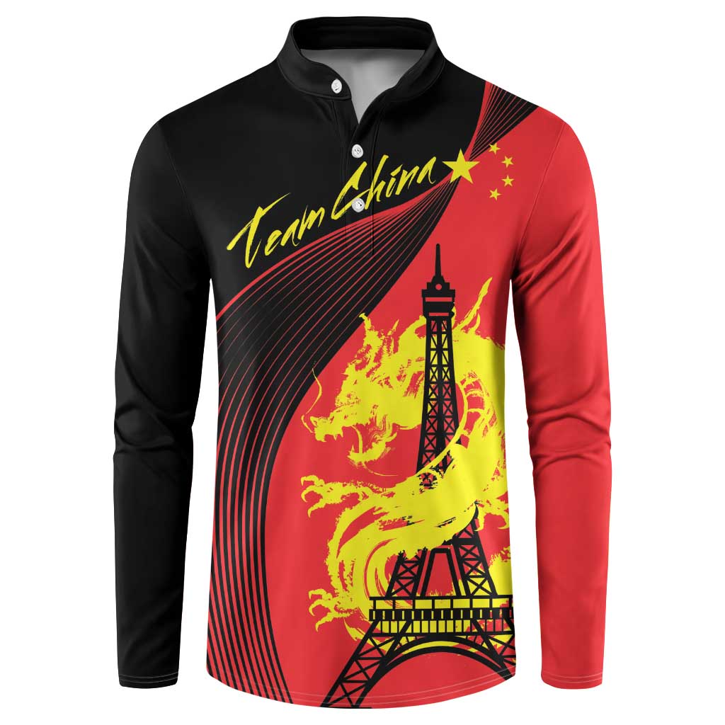 Red and black long-sleeve button polo sweatshirt with dragon and Eiffel Tower front print