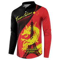 Red and black long-sleeve button polo sweatshirt with dragon and Eiffel Tower front graphic