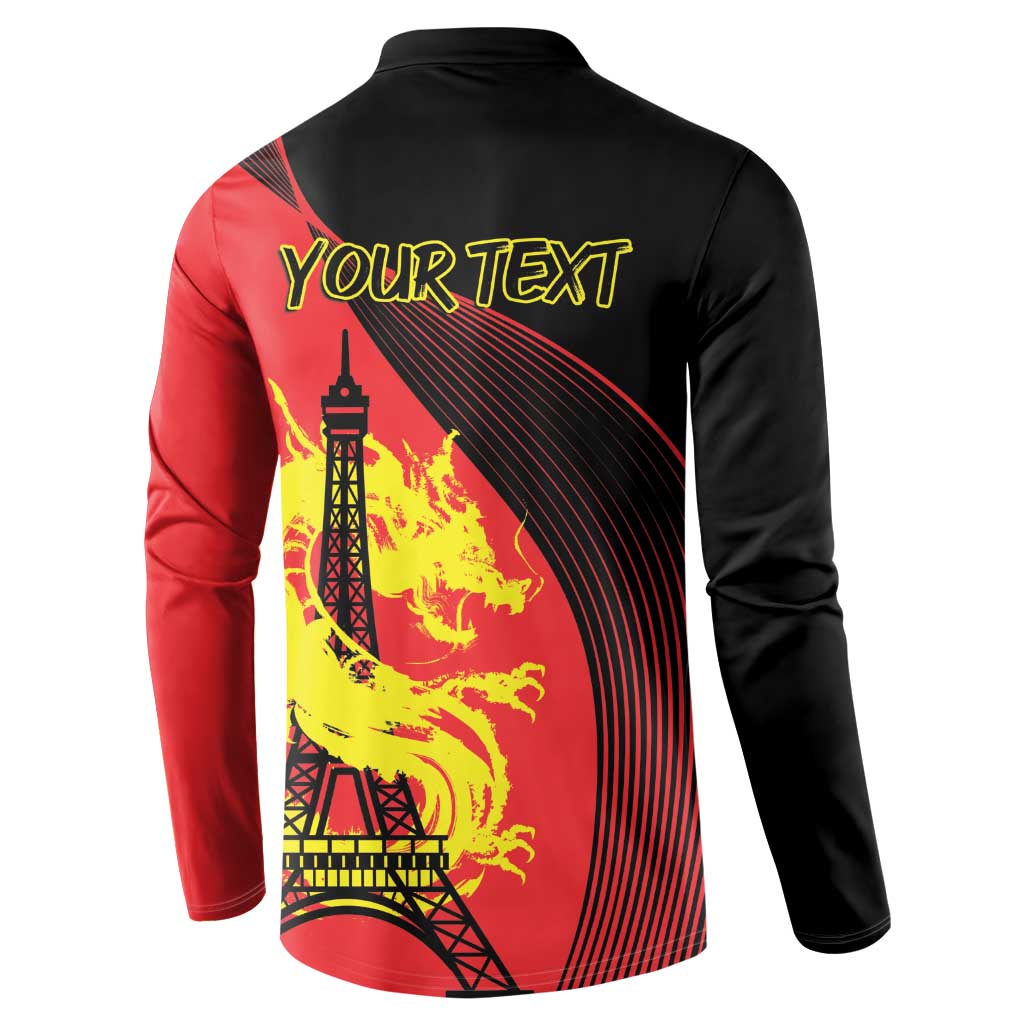 Back: red/black long-sleeve button polo with dragon and Eiffel Tower print, 'YOUR TEXT'