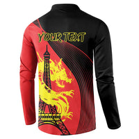 Back: red/black long-sleeve button polo with dragon and Eiffel Tower print, 'YOUR TEXT'