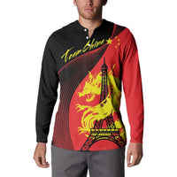 Red and black long-sleeve button polo sweatshirt with dragon, Eiffel Tower, and Team China print