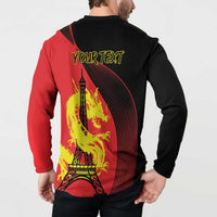 Back: red/black long-sleeve button polo with dragon and Eiffel Tower print, 'YOUR TEXT'