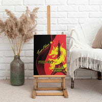 Red canvas wall art on easel with dragon flames, Eiffel Tower, and “Your Text”