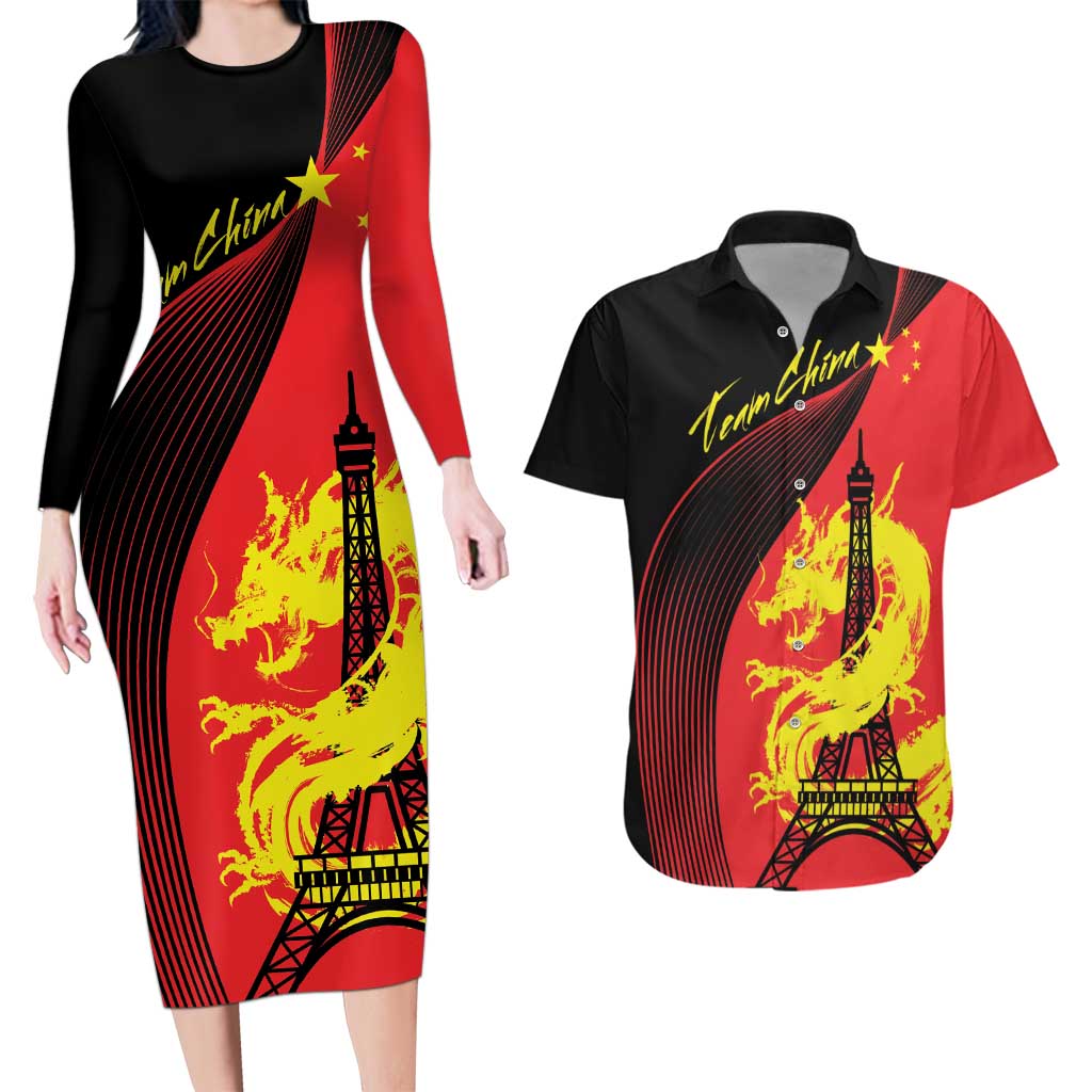 Personalized China Summer Sport Couples Matching Long Sleeve Bodycon Dress and Hawaiian Shirt Dragon With Eiffel Tower Go Paris 2024 LT9 - Wonder Print Shop