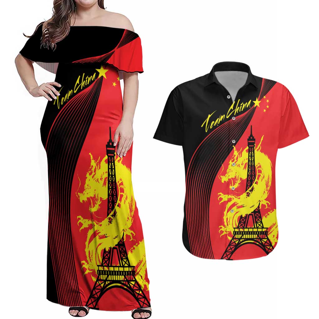 Personalized China Summer Sport Couples Matching Off Shoulder Maxi Dress and Hawaiian Shirt Dragon With Eiffel Tower Go Paris 2024 LT9 - Wonder Print Shop