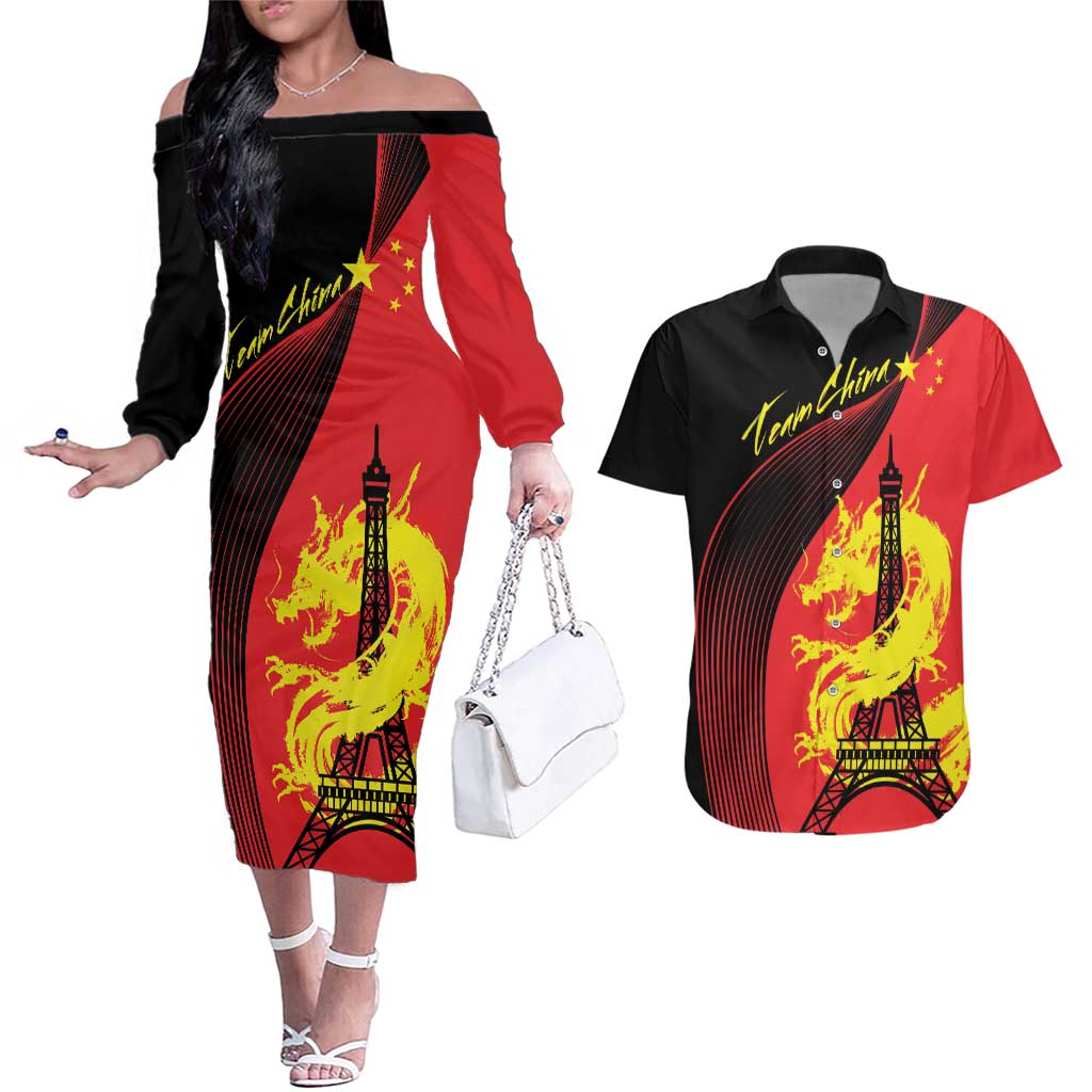 Personalized China Summer Sport Couples Matching Off The Shoulder Long Sleeve Dress and Hawaiian Shirt Dragon With Eiffel Tower Go Paris 2024 LT9 - Wonder Print Shop