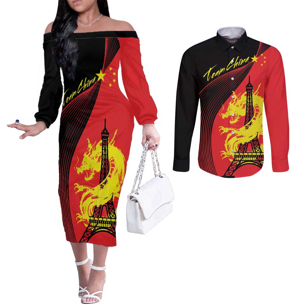 Personalized China Summer Sport Couples Matching Off The Shoulder Long Sleeve Dress and Long Sleeve Button Shirt Dragon With Eiffel Tower Go Paris 2024