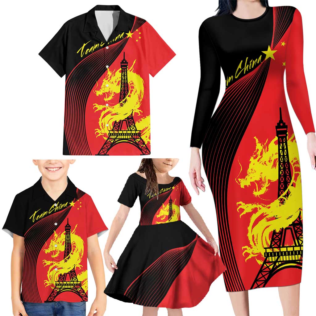 Personalized China Summer Sport Family Matching Long Sleeve Bodycon Dress and Hawaiian Shirt Dragon With Eiffel Tower Go Paris 2024 LT9 - Wonder Print Shop