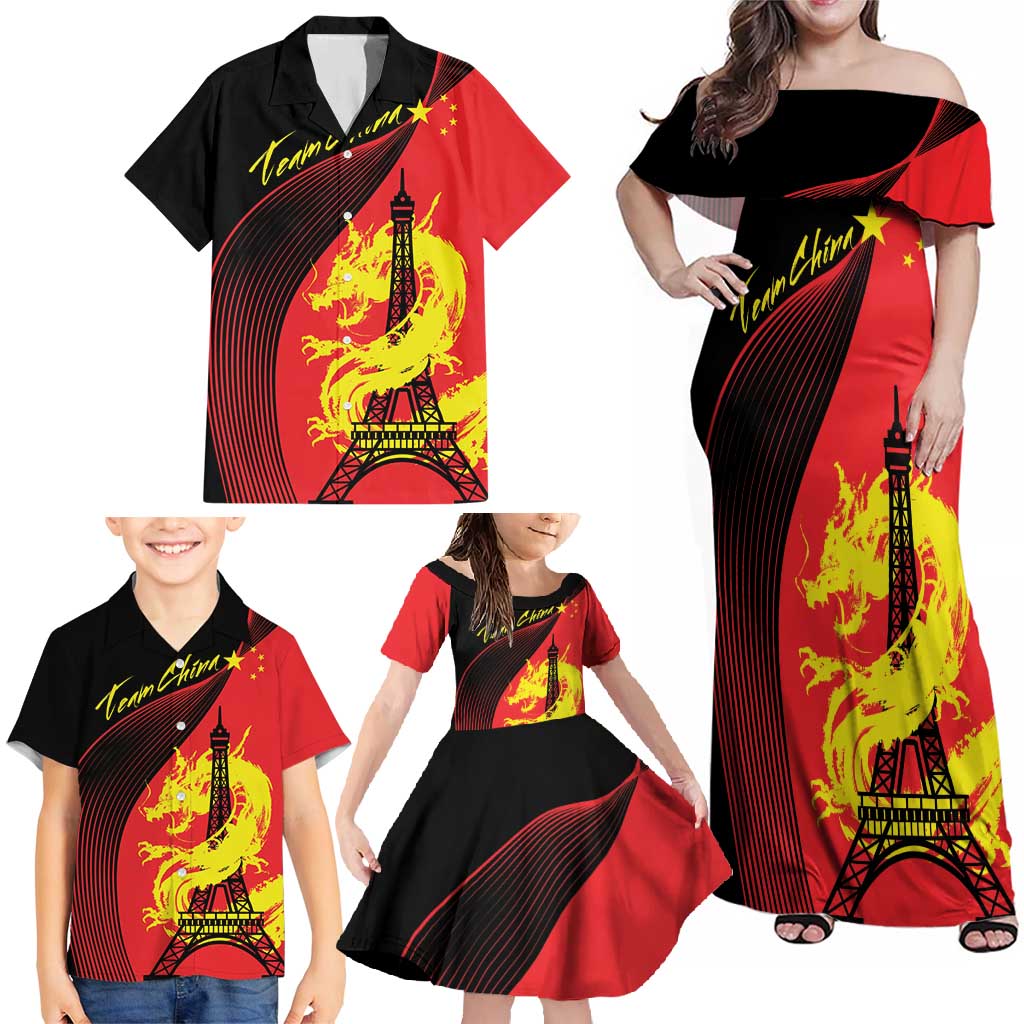 Personalized China Summer Sport Family Matching Off Shoulder Maxi Dress and Hawaiian Shirt Dragon With Eiffel Tower Go Paris 2024 LT9 - Wonder Print Shop