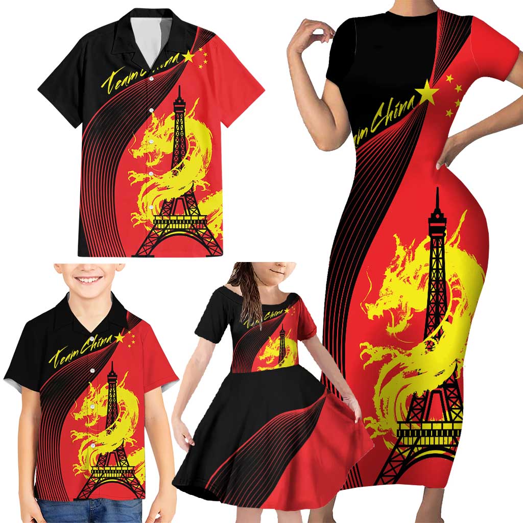 Personalized China Summer Sport Family Matching Short Sleeve Bodycon Dress and Hawaiian Shirt Dragon With Eiffel Tower Go Paris 2024 - Wonder Print Shop