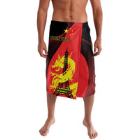 Red and black swim shorts with dragon and Eiffel Tower graphic, personalized text