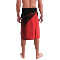 Red and black swim shorts with diagonal swirl stripe graphic and black waistband