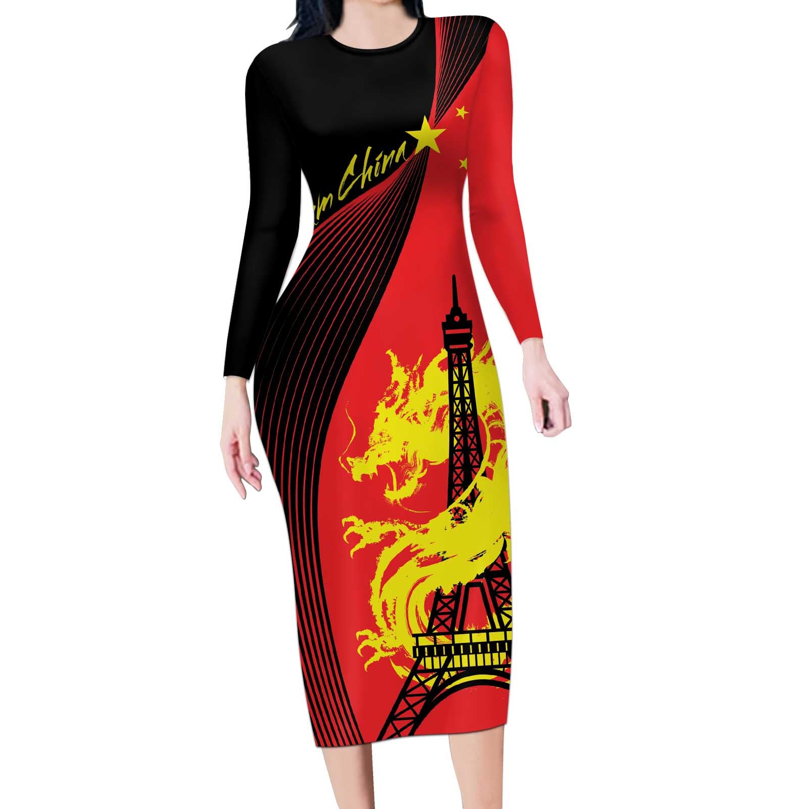 Personalized China Summer Sport Long Sleeve Bodycon Dress Dragon With Eiffel Tower Go Paris 2024 - Wonder Print Shop