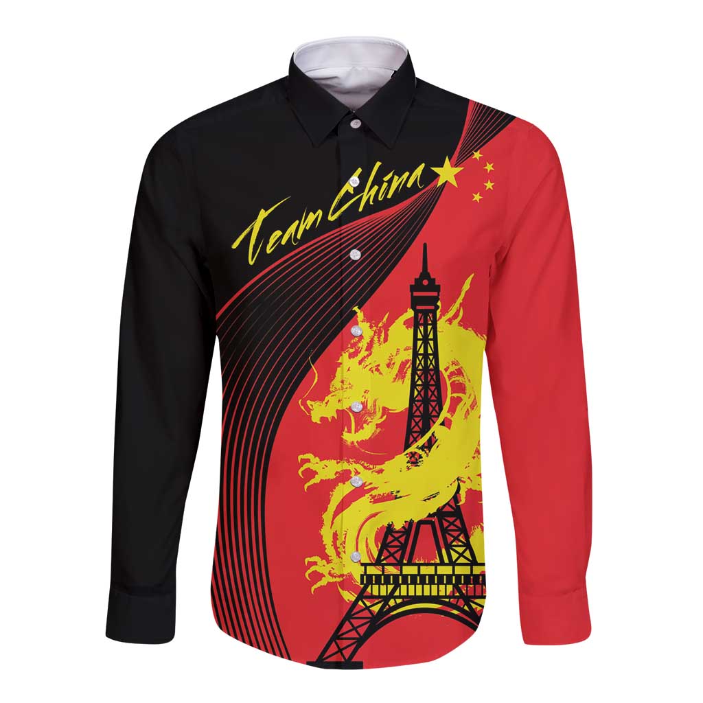 Red/black long-sleeve button shirt with dragon and Eiffel Tower graphic, diagonal stripes