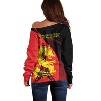 Women’s off-shoulder sweater back in red/black, dragon Eiffel Tower graphic, YOUR TEXT