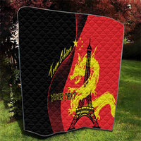 Red and black quilted sport blanket with Eiffel Tower, dragon and flag graphics