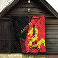 Red and black quilted wall-hung blanket with Eiffel Tower and dragon artwork