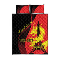 Red and black quilt bed set with Eiffel Tower graphic, two matching pillow shams