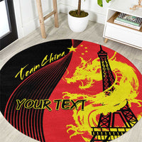 Round red area rug with yellow dragon, Eiffel Tower and Your Text design