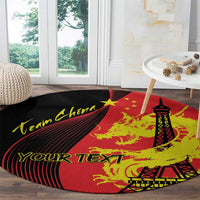 Round red area rug with yellow dragon, Eiffel Tower and custom text