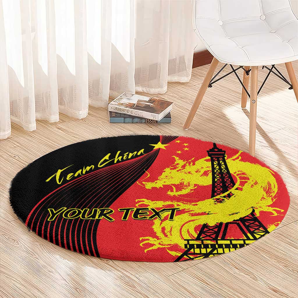 Round red area rug with yellow dragon, Eiffel Tower and custom Your Text