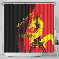Red and black shower curtain with Eiffel Tower and gold dragon graphic plus YOUR TEXT