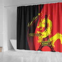Red and black shower curtain featuring Eiffel Tower, gold dragon, and yellow custom text