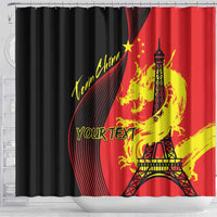Red and black shower curtain with Eiffel Tower, gold dragon, star accents, and YOUR TEXT