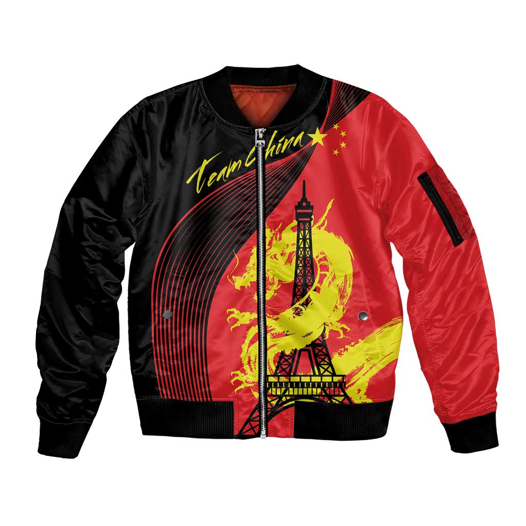 Personalized China Summer Sport Sleeve Zip Bomber Jacket Dragon With Eiffel Tower Go Paris 2024 - Wonder Print Shop