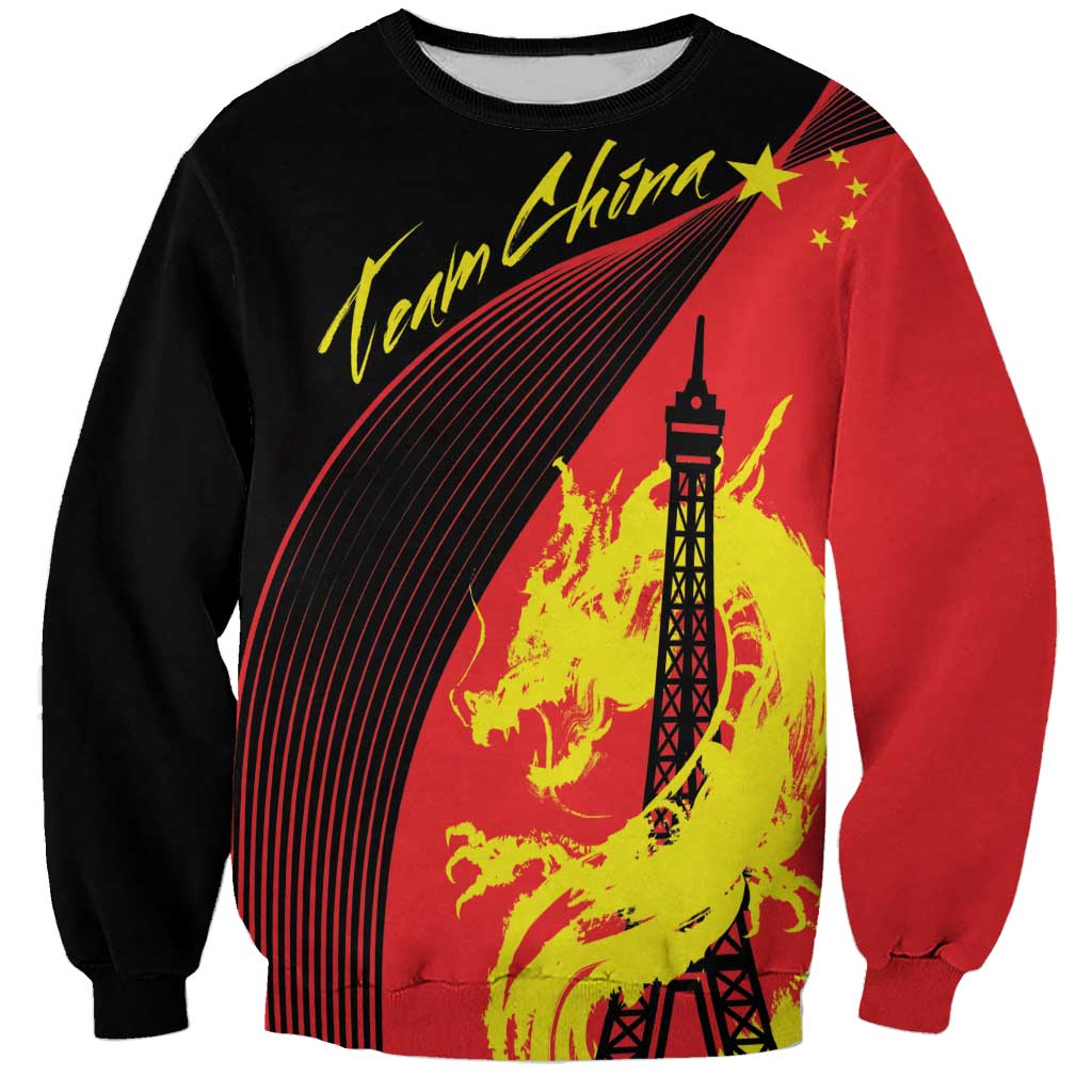 Unisex crewneck sweatshirt with red/black dragon and Eiffel Tower front graphic