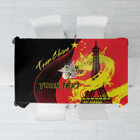Personalized red tablecloth with black Eiffel Tower and yellow dragon graphic, custom text area