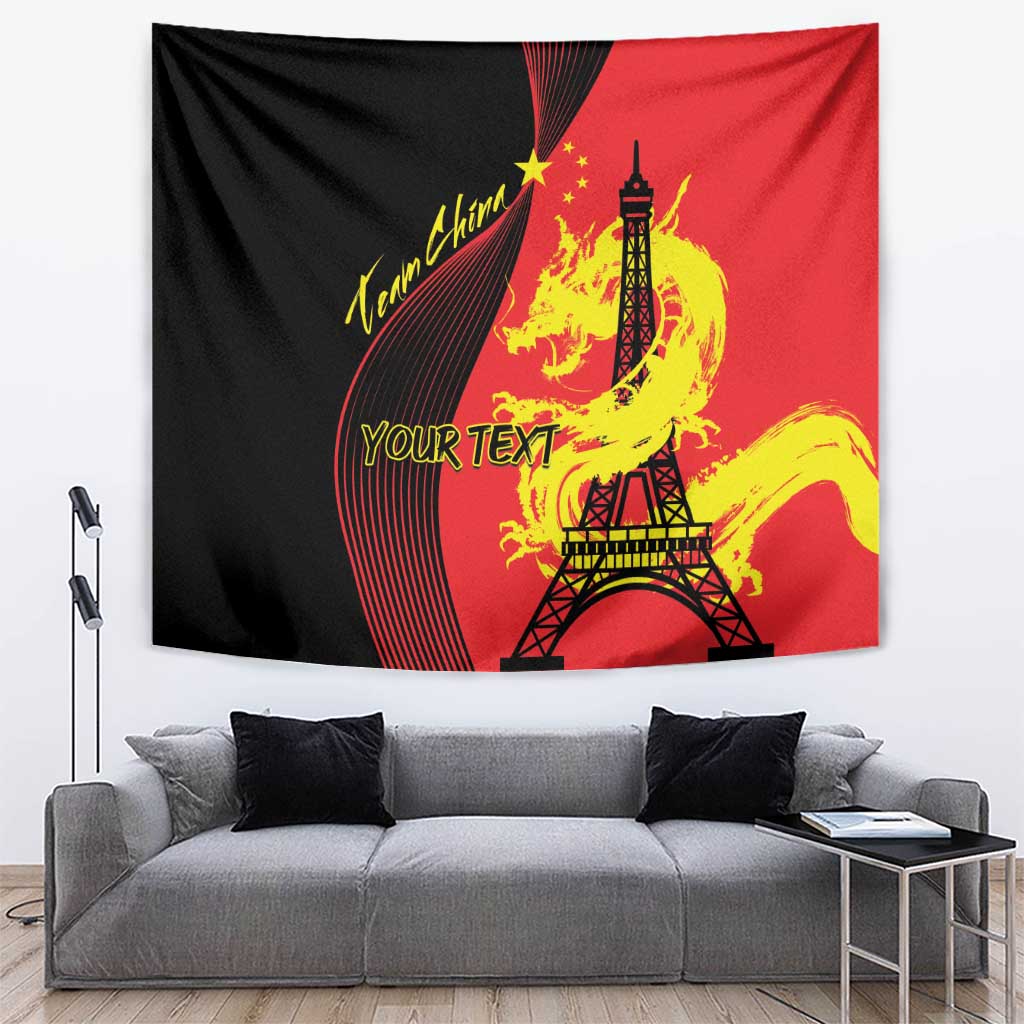 Red and black dragon tapestry with Eiffel Tower and yellow starburst graphics