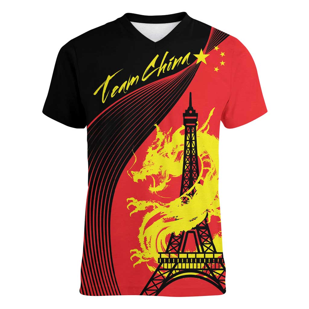 Personalized China Summer Sport Women V-Neck T-Shirt Dragon With Eiffel Tower Go Paris 2024 - Wonder Print Shop