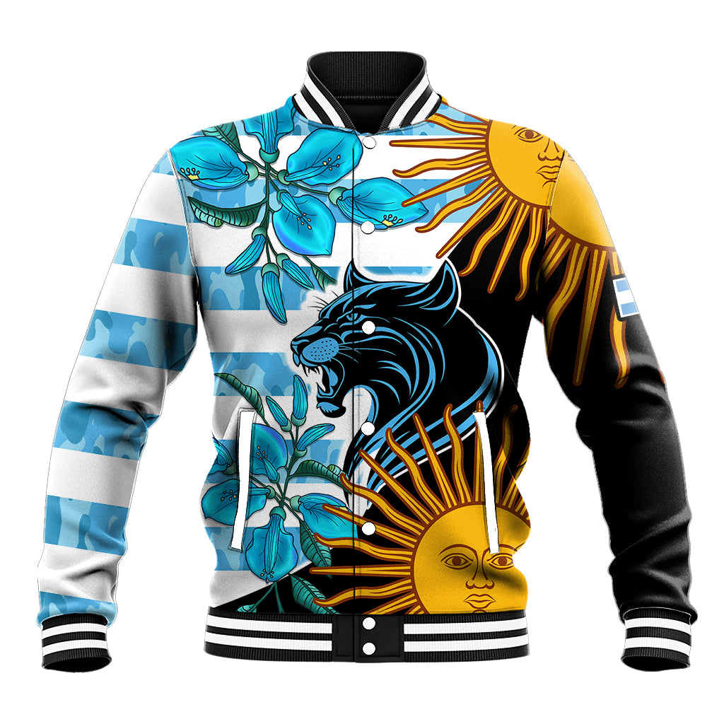 Unisex graphic baseball jacket with blue, white, yellow, and black panels, snap front