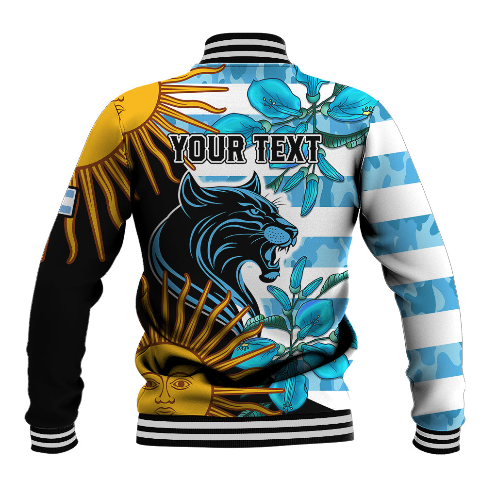 Unisex baseball jacket back with 'YOUR TEXT' and blue floral animal graphic, striped rib