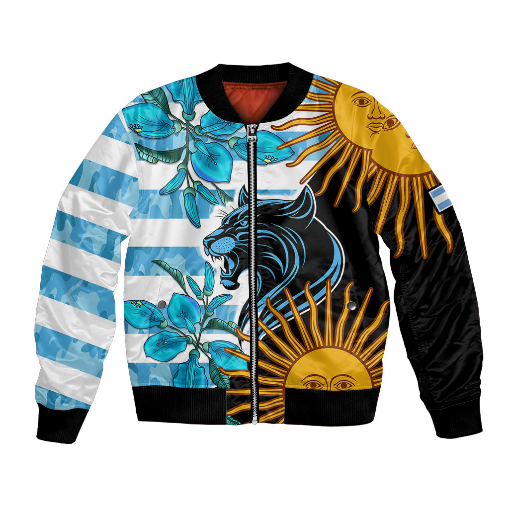 Unisex blue bomber jacket with striped sleeves and colorful animal and flower graphic front