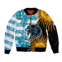 Unisex blue bomber jacket with striped sleeves and colorful animal and flower graphic front