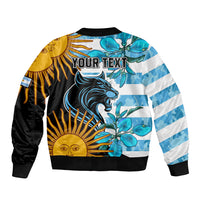 Unisex bomber jacket with back print, 'YOUR TEXT', blue stripes, sun and floral graphics