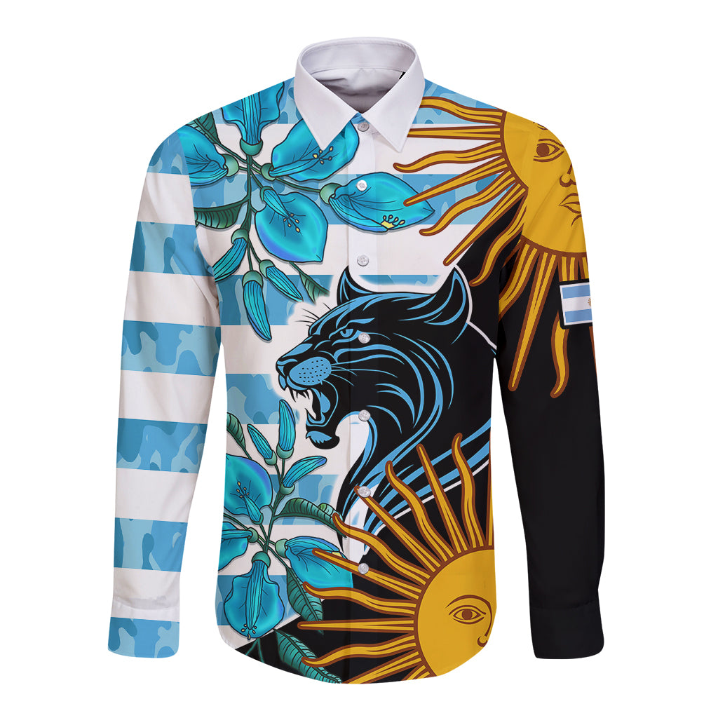 Blue long-sleeve button shirt, white collar, colorful lion and flower graphic