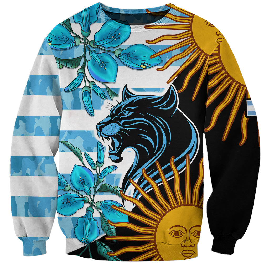 Unisex crewneck sweatshirt with blue, black, and gold floral tribal graphic