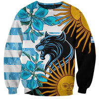 Unisex crewneck sweatshirt with blue, black, and gold floral tribal graphic